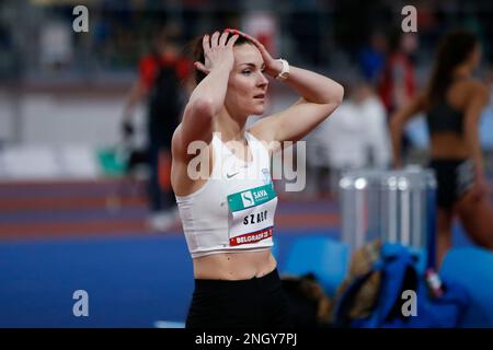 Belgrad, Serbien, 15. Februar 2023. Barbara Szabo aus Ungarn reagiert beim Women's High Jump während des Belgrader Athletics Indoor Meeting 2023 in der Banjica Athletic Hall in Belgrad, Serbien. 15. Februar 2023. Kredit: Nikola Krstic/Alamy Stockfoto