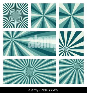 Fantastische Sonnen-Hintergrundkollektion. Abstrakte Abdeckungen mit radialen Strahlen. Abbildung des Strahlungsvektors. Stock Vektor