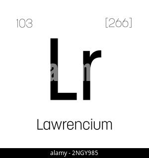 Lawrencium, LR, periodisches Tabellenelement mit Name, Symbol, Atomzahl und Gewicht. Synthetisches radioaktives Element mit Einsatzmöglichkeiten in der wissenschaftlichen Forschung und der Kernenergie. Stock Vektor
