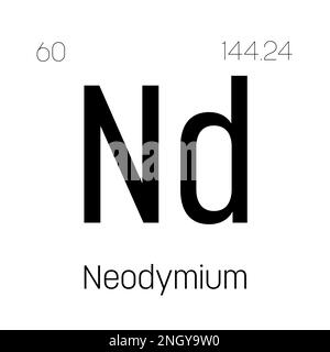 Neodym, ND, Periodenelement mit Name, Symbol, Atomzahl und Gewicht. Seltenerdmetall mit verschiedenen industriellen Verwendungen, wie z. B. in Magneten, Lasern und als Komponente in bestimmten Glasarten. Stock Vektor
