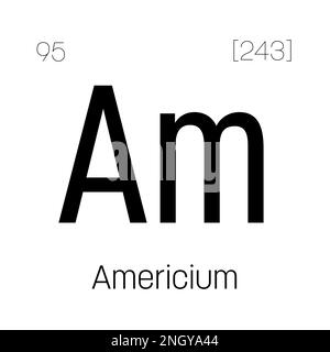 Americium, am, periodisches Tabellenelement mit Name, Symbol, Atomzahl und Gewicht. Synthetisches radioaktives Element, das in Rauchdetektoren als Neutronenquelle für die wissenschaftliche Forschung und potenzielle Krebsbehandlung verwendet wird. Stock Vektor