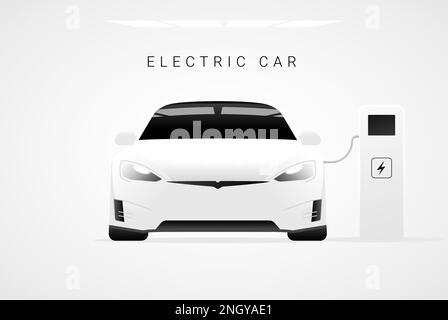 Vektorkonzept der Ladestation für Elektroautos. Hybrid-Illustration der zukünftigen batteriebetriebenen Elektrofahrzeugtechnologie zum Aufladen im Hintergrund. Stock Vektor