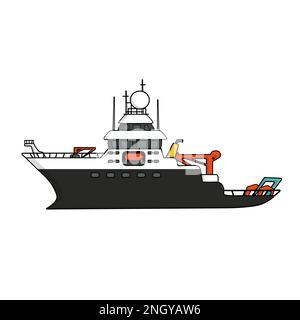 Schwarzes weißes Forschungsschiff, von Hand gezeichnete Einzelzeichnung, Hochseeexpeditionsschiff auf weißem Hintergrund Stock Vektor