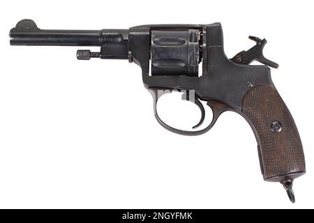 Russischer Revolver isoliert auf weißem Hintergrund Stockfoto