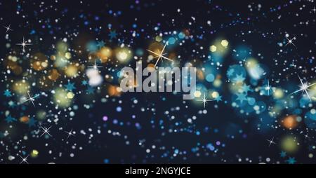 Goldblauer sternförmiger Bokeh-Hintergrund, glitzernde Partikel fliegen, Bokeh funkelt im Dunkeln, breite Bannergröße Stockfoto