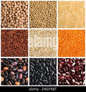 Collage mit Fotos verschiedener Hülsenfrüchte und Samen. Vegane Diät Stockfoto