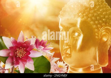 Wunderschöne goldene Buddha-Skulptur und Lotusblumen auf farbigem Hintergrund Stockfoto