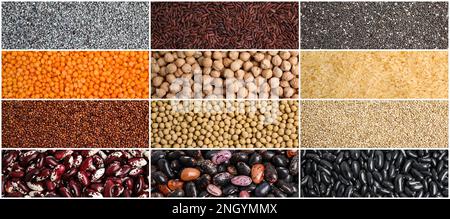 Collage mit Fotos verschiedener Hülsenfrüchte und Samen, Bannerdesign. Vegane Diät Stockfoto