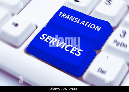 Texttitel, der Übersetzungsservices präsentiert. Organisation für den Geschäftsüberblick, die Mitarbeitern die Übersetzung von Sprache ermöglicht Stockfoto