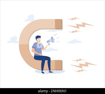 Fördern Sie neue Geschäfte, ziehen Sie mehr Kunden an, und Geschäftsmann schreit auf Megafon, während er den Magneten hält, um Kunden zu gewinnen. Flache Vektoren, moderne Illustrationen Stock Vektor