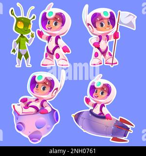 Aufkleberpack, Set mit Astronauten im Weltraum-Cartoon-Vektorbild. Isolierter Raumfahrer auf dem Planeten mit isolierter Rakete. Süßer Junge, fast ein Außerirdischer, mit weißer Flagge. Komisches rpg-Galaxie-Asset-Design. Stock Vektor