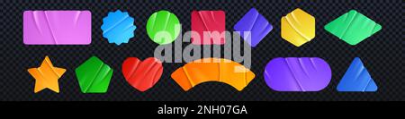 Leere Papieraufkleber, Preisschilder, Abzeichen in verschiedenen Formen. Zerknitterte Klebeetiketten, farbige geklebte Flecken mit isolierten Falten auf transparentem Hintergrund, vektorrealistisches Set Stock Vektor