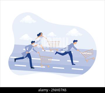 Produkte mit hoher Nachfrage, Verkaufssaison, Marketingkampagne, die Kunden zum Kauf des Produktkonzepts anlockt, Verbraucher mit Einkaufswagen, Flachvektor modern Stock Vektor