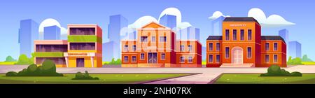 Gebäude der Schule, Kindergarten und Universität und Hof mit grünem Gras. Sommerlandschaft mit Bildungseinrichtungen, College, Grundschule und Kindertagesstätte, Vektorgrafiken Stock Vektor