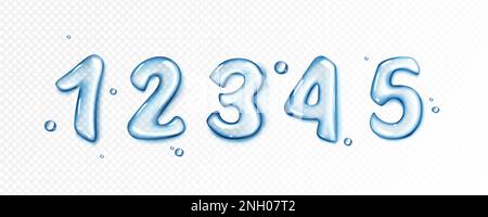 Wasserschrift, blaue Blasen in Zahlenform. Numerische Symbole für Aqua- oder Flüssiggel. Klares blaues Wasser tropft in Form von Figuren von 1 bis 5 isoliert auf transparentem Hintergrund, Vektorrealistisches Set Stock Vektor