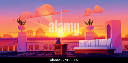 Blick von der Hotelterrasse bei Sonnenaufgang auf das Meerwasser. Vektor-Cartoon-Illustration der wunderschönen abendlichen Meereslandschaft, Möwen fliegen im orangefarbenen Himmel, Holzcouch auf mediterranem Balkon Tropical Island Resort Stock Vektor