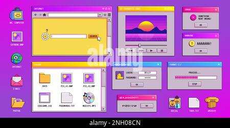 Retro-Y2K-Vaporwave-Fenster des 90s-Computers mit psychedelischem Interface-Vektorhintergrund. Design von Suchleiste, Browser und Musik-Player für Desktop mit Fehler- und Warnbenachrichtigung. Stock Vektor