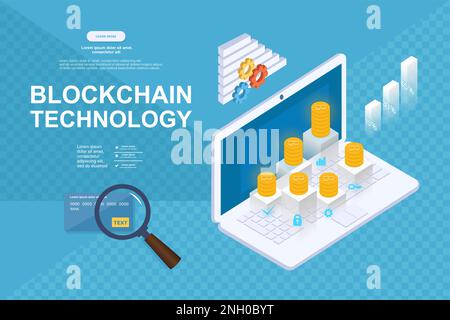 Kryptowährung und Blockchain isometrische Zusammensetzung mit Menschen, Analysten und Managern, die an Krypto-Start-up arbeiten. Stock Vektor