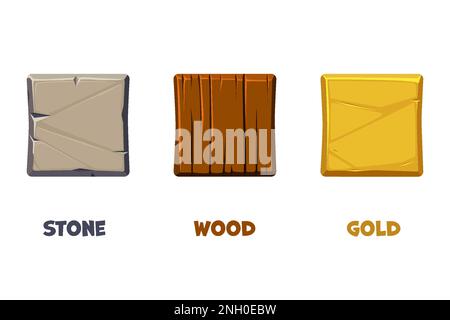 Vorlage für Anwendungssymbol mit unterschiedlichen Texturen. Stein-, Holz- und goldene Ikonen Stock Vektor