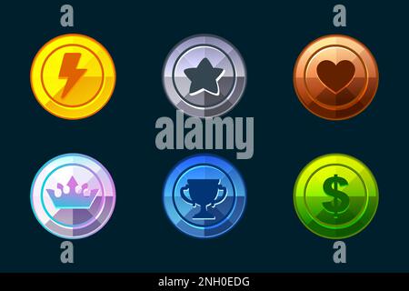 Set aus Metallikonen – Energie, Stern, Herz, Dollar, Krone und Pokal Stock Vektor