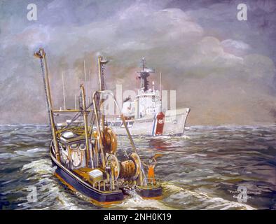 Die Küstenwache nähert sich einem Mariner auf See. US Coast Guard Art Program 2003 Collection, ob ID # 200314, „Paratus Gerere“, Tom Austin, Gouache, 14 x18 Stockfoto