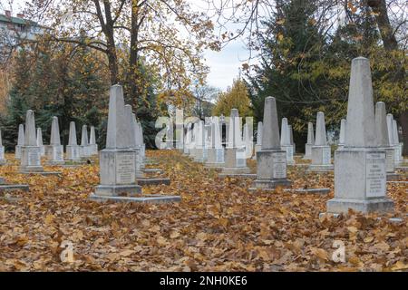 Chisinau, Moldawien - 30. Oktober 2022 - Eine Zeit der Erinnerung: Die Ruhe der Gräber inmitten der Ahornblätter im Herbst Stockfoto