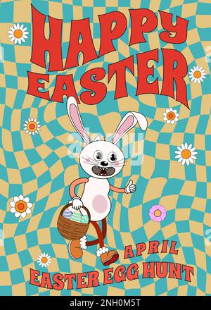 Happy Easter Vintage Poster trendy Easter Groovy 1970 Stil mit Blumen, Ei, Stock Vektor