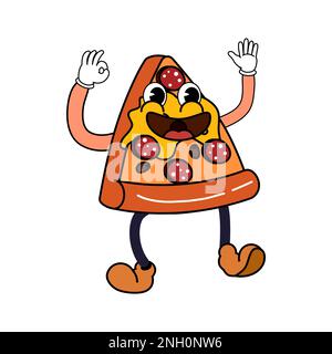 Coole, lustige Pizzastückchen-Cartoon-Figur, alter Hippie 70s. Doodle-Comic-Charakter Stock Vektor