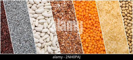 Collage mit Fotos verschiedener Hülsenfrüchte und Samen, Bannerdesign. Vegane Diät Stockfoto