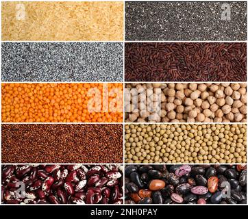 Collage mit Fotos verschiedener Hülsenfrüchte und Samen. Vegane Diät Stockfoto