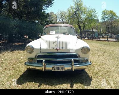 Old 1951 Chevrolet Chevy Deluxe 4-türige Limousine von GM in einem Park. Sonniger Tag. Natur, Gras, Bäume. Autoclasica 2022 Oldtimer-Show. Stockfoto