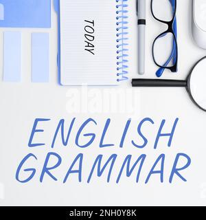 Textunterschrift Präsentation der englischen Grammatik, Kurse zum Business Approach decken alle Ebenen des Sprech- und Schreibens in englisch ab Stockfoto