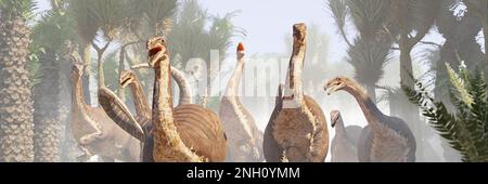 Plateosaurus-Herde, Dinosaurier aus der späten Trias, die in einem Baumfarnwald spazieren Stockfoto