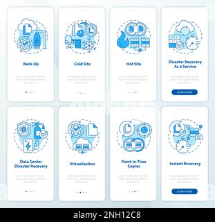 Disaster Recovery Blue Onboarding Mobile App Screens Set (Bildschirme für Notfallwiederherstellung – blau für Stock Vektor