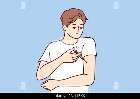 Ein Mann mit Diabetes injiziert in den Arm, um den Blutzucker zu senken und einen Insulinschock zu vermeiden. Guy erlebt Probleme und Bedarf für regelmäßige Injektionen nach dem Leiden von Diabetes oder infektiöser Grippe Stock Vektor