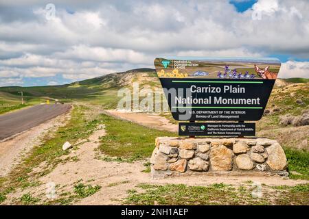 Schild auf der Soda Lake Road, Eingang zum Carrizo Plain National Monument, Kalifornien, USA Stockfoto