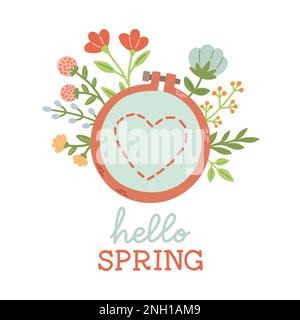 Hallo Frühling, handgezeichnete Vektordarstellung. Schriftzug Frühlingssaison mit Stickerei blüht Blumen für die Grußkarte. Stock Vektor