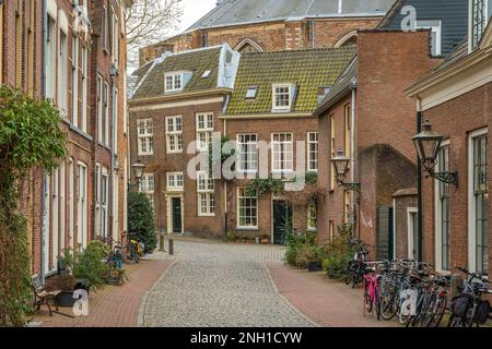 Malerische Kopfsteinpflasterstraße im historischen Zentrum von Leiden, Südholland, Niederlande Stockfoto