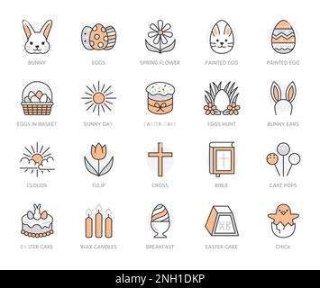 Ostern-Symbole mit flachen Linien gesetzt. Bunte Eier jagen, Korb, Kaninchen, Frühlingsblumen, Tulpen, bibel, Kuchenvektor-Illustration. Dünne Zeichen für das christentum Stock Vektor