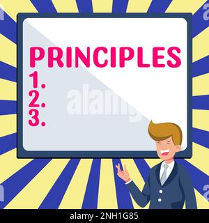 Schreiben und Anzeigen von Textsprinzipien. Geschäftsüberblick grundlegende Wahrheit, die als Grundlage für ein Glaubenssystem dient Stockfoto
