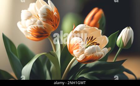 Farbige Tulpen auf einem dunkel verschwommenen Hintergrund, generative Al. Stockfoto