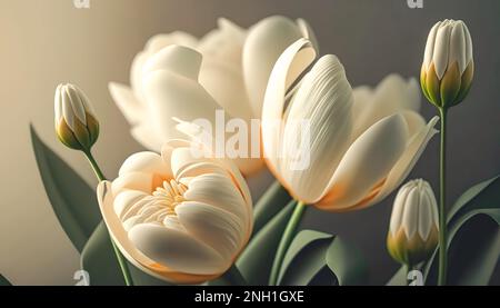 Weiße Tulpen auf einem leicht verschwommenen Hintergrund, generative Al. Stockfoto