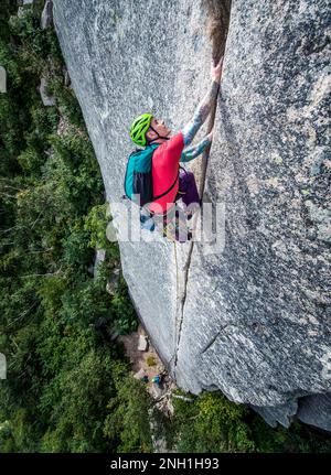 Ein tätowierter Mann klettert steile Risse an einer Felswand hoch Stockfoto