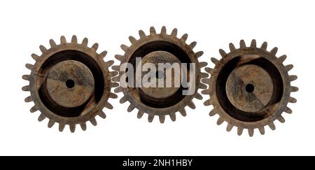 Alte runde Zahnräder aus Holz in gleicher Größe, isoliert auf weißem Hintergrund Stockfoto