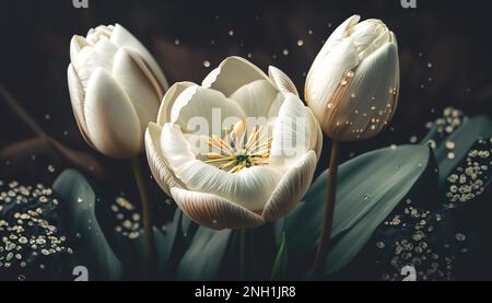 Weiße Tulpen auf dunkel verschwommenem Hintergrund, generative Al. Stockfoto