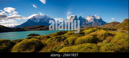 Abendlicht über dem Pehoe-See mit Blick auf das Torres del Paine-Massiv, Patagonien, Chile. Stockfoto