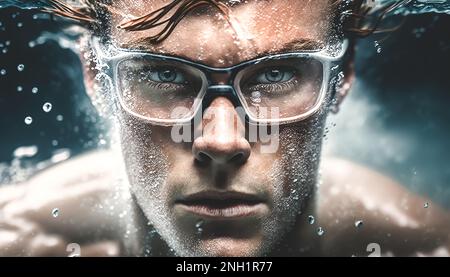 Das Gesicht eines Mannes mit Schutzbrille unter Wasser, generativer Al. Stockfoto