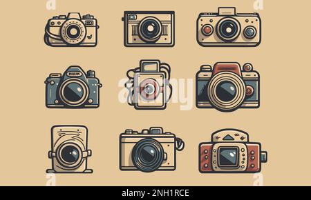 Kamera-Set, Icon-Pack, Set mit Retro-Kameras-Icon-Pack, Vintage-Fotografen-Icon-Pack, isoliert auf dem Hintergrund. Stock Vektor