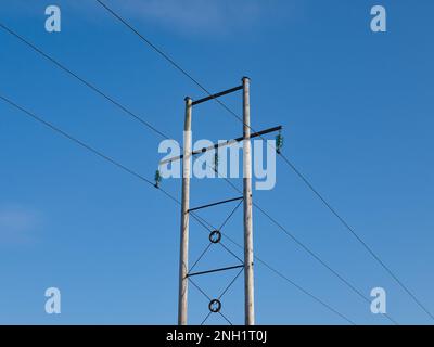 Drei Stromleitungen, die auf einem Querträger zwischen zwei Holzstangen aufgehängt sind. Leistungsisolatoren sind sichtbar. An einem sonnigen Tag mit blauem Himmel aufgenommen. Stockfoto