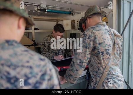 USA Clinton McCoy, ein Techniker für elektrische Systeme beim 2. Wartungsbataillon, 2. Marine Logistics Group, überprüft die Ausrüstung während einer Feldübung des 2. Wartungsbataillons in Camp Lejeune, North Carolina, am 7. Dezember 2022. 2. das Instandhaltungsbataillon führte eine Feldübung durch, um strategische Mobilitätsübungen durchzuführen, bei der die Fähigkeit der Einheit nachgewiesen und überprüft wurde, Führungs- und Kontrollfunktionen auszuüben und unterstützende Einschiffungs-/logistische Anforderungen für die Entsendung zu erfüllen. Stockfoto